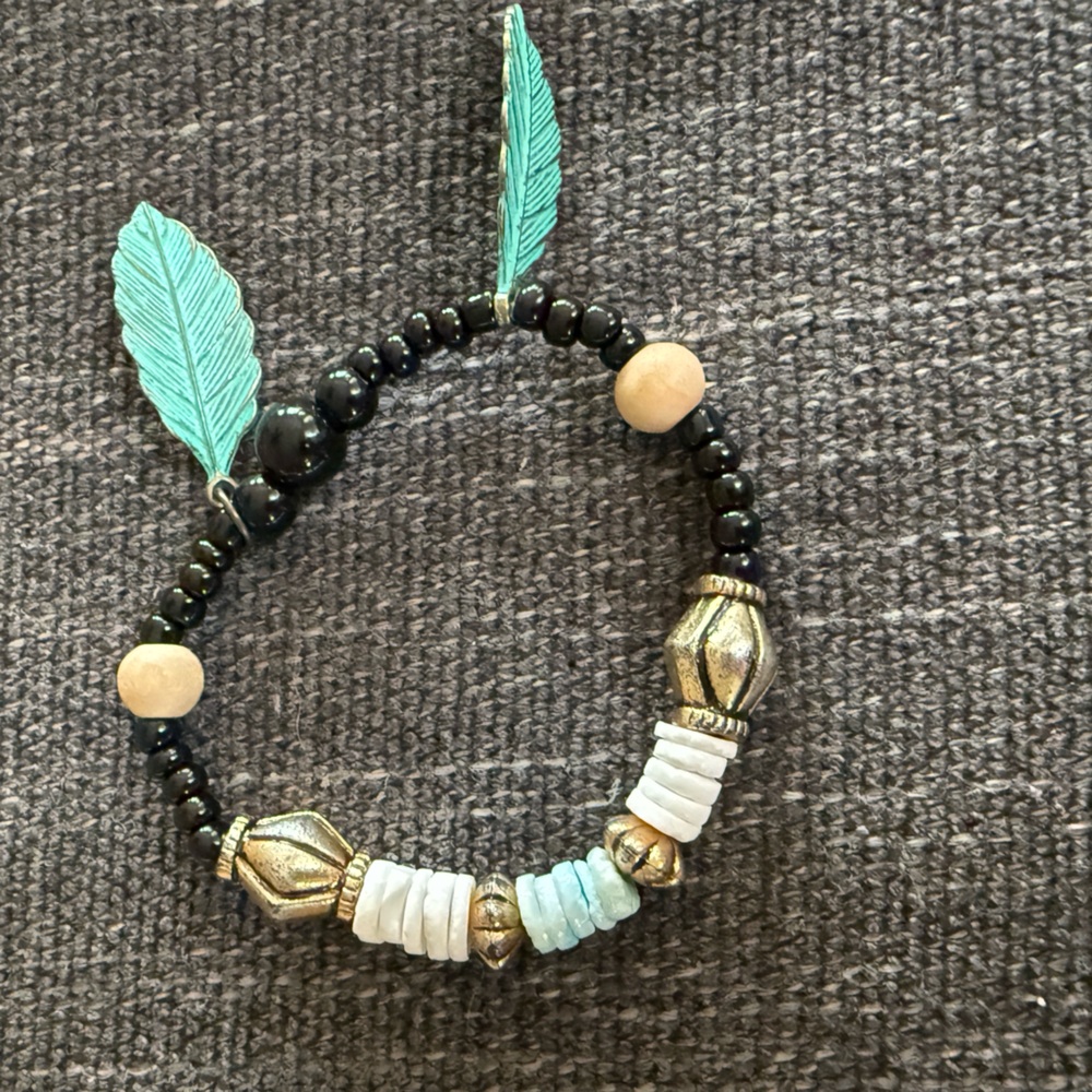 Bracelet handcrafted beaded leaf metal charms